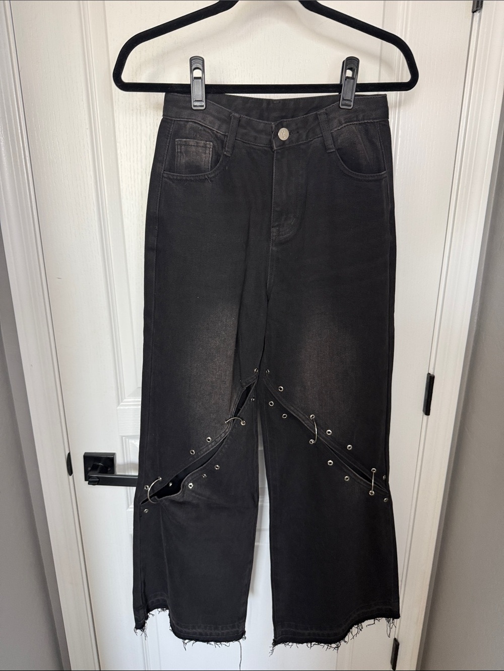 Black High-Rise Wide-Leg Jeans with Grommet Lace Detail